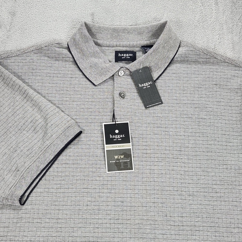 Haggar Polo Shirt Mens Large White Stripe W2W Work To‎ Weekend Cotton Blend Knit